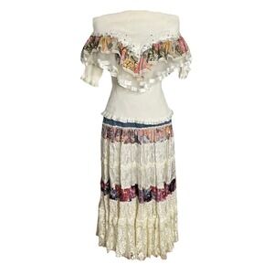 Aran Tiered Maxi Skirt Set Off Shoulder Ruffle Top Cottagecore Peasant Gypsy S